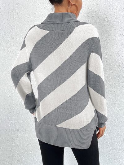 Striped Turtleneck Dropped Shoulder Sweater - Ivy & Lane