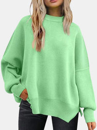 Round Neck Drop Shoulder Slit Sweater - Ivy & Lane