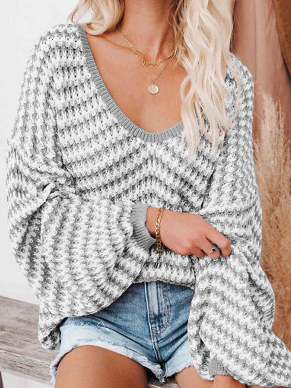 Striped Drop Shoulder V-Neck Sweater - Ivy & Lane