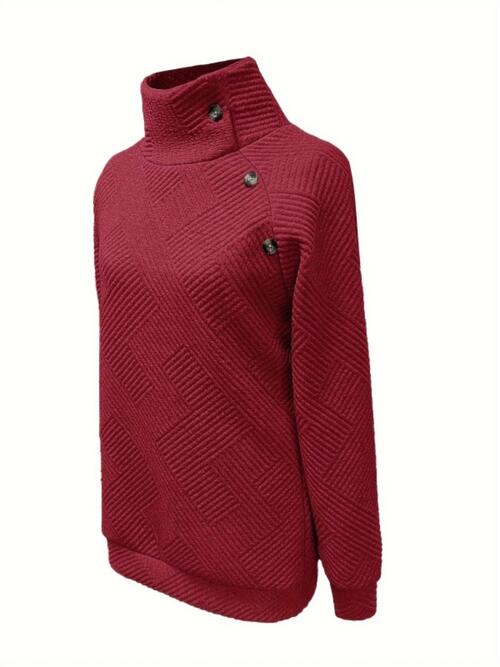 Buttoned Mock Neck Long Sleeve Sweatshirt - Ivy & Lane