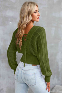 Surplice Neck Lace-Up Sweater - Ivy & Lane