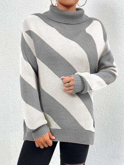 Striped Turtleneck Dropped Shoulder Sweater - Ivy & Lane