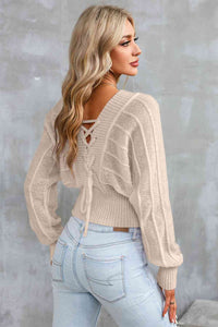 Surplice Neck Lace-Up Sweater - Ivy & Lane