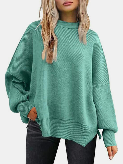 Round Neck Drop Shoulder Slit Sweater - Ivy & Lane