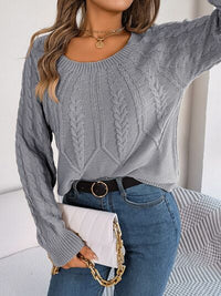 Cable-Knit Round Neck Long Sleeve Sweater - Ivy & Lane