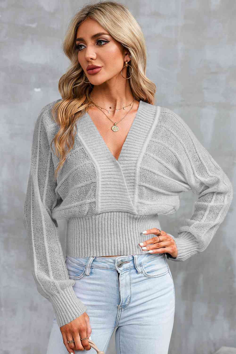 Surplice Neck Lace-Up Sweater - Ivy & Lane