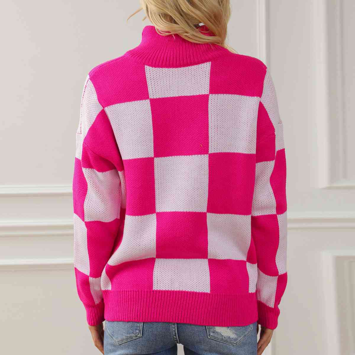 Checkered Half Zip Long Sleeve Sweater - Ivy & Lane