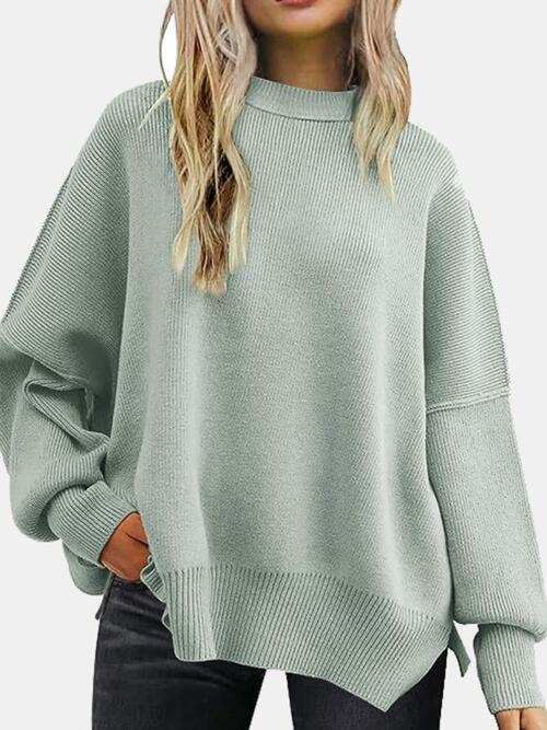 Round Neck Drop Shoulder Slit Sweater - Ivy & Lane