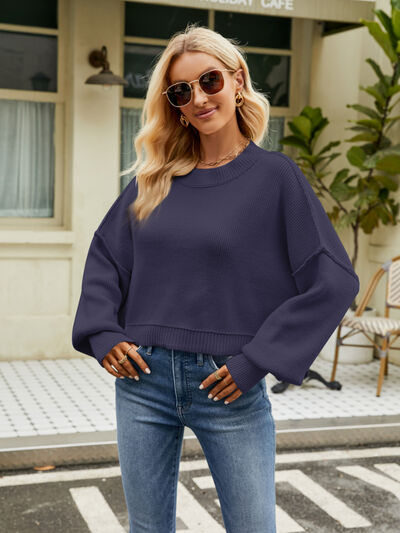 Round Neck Lantern Sleeve Sweater - Ivy & Lane