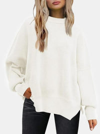 Round Neck Drop Shoulder Slit Sweater - Ivy & Lane