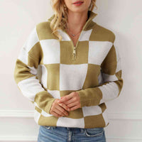 Checkered Half Zip Long Sleeve Sweater - Ivy & Lane
