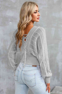 Surplice Neck Lace-Up Sweater - Ivy & Lane