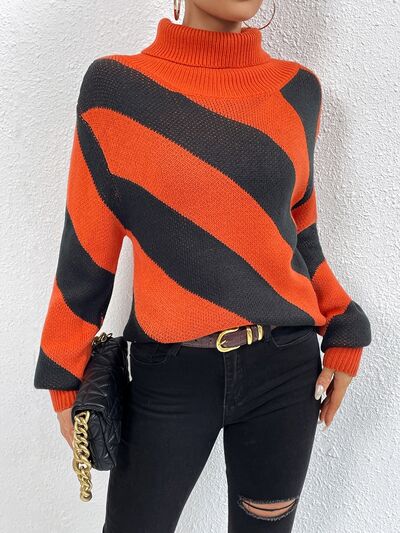 Striped Turtleneck Dropped Shoulder Sweater - Ivy & Lane