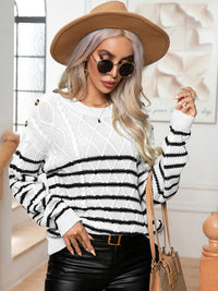 Striped Round Neck Cable-Knit Sweater - Ivy & Lane