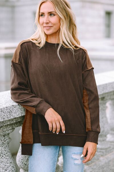 Ribbed Exposed Seam Dropped Shoulder Blouse - Ivy & Lane