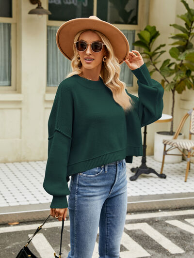 Round Neck Lantern Sleeve Sweater - Ivy & Lane