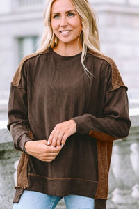 Ribbed Exposed Seam Dropped Shoulder Blouse - Ivy & Lane