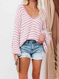 Striped Drop Shoulder V-Neck Sweater - Ivy & Lane