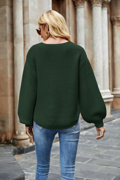 Round Neck Lantern Sleeve Sweater - Ivy & Lane