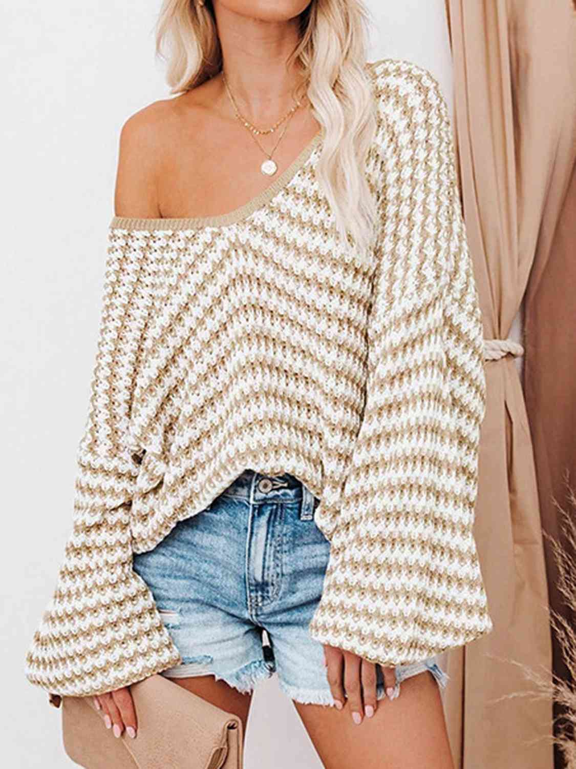 Striped Drop Shoulder V-Neck Sweater - Ivy & Lane