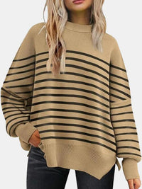 Round Neck Drop Shoulder Slit Sweater - Ivy & Lane