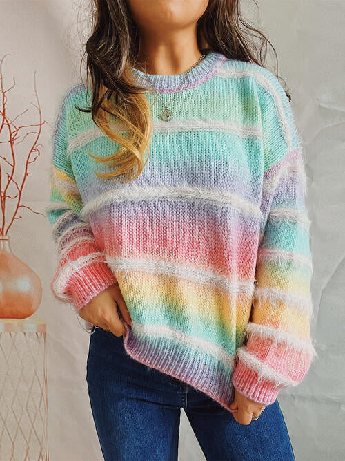 Striped Round Neck Long Sleeve Sweater - Ivy & Lane