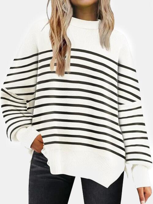 Round Neck Drop Shoulder Slit Sweater - Ivy & Lane