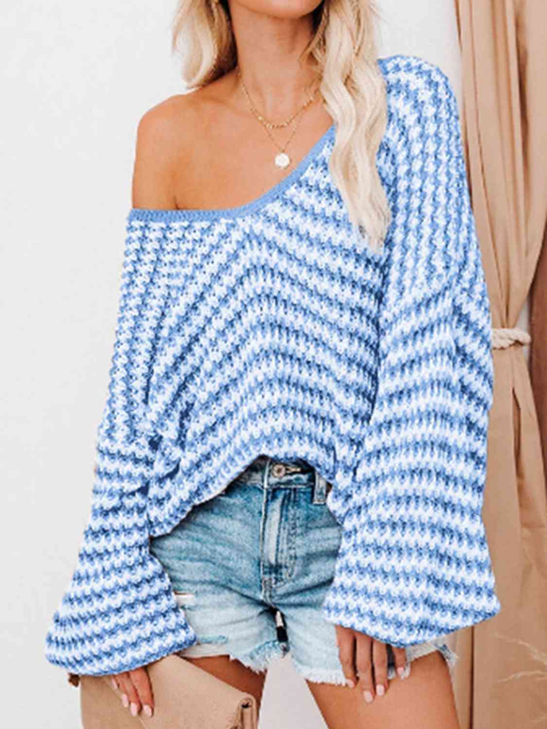 Striped Drop Shoulder V-Neck Sweater - Ivy & Lane